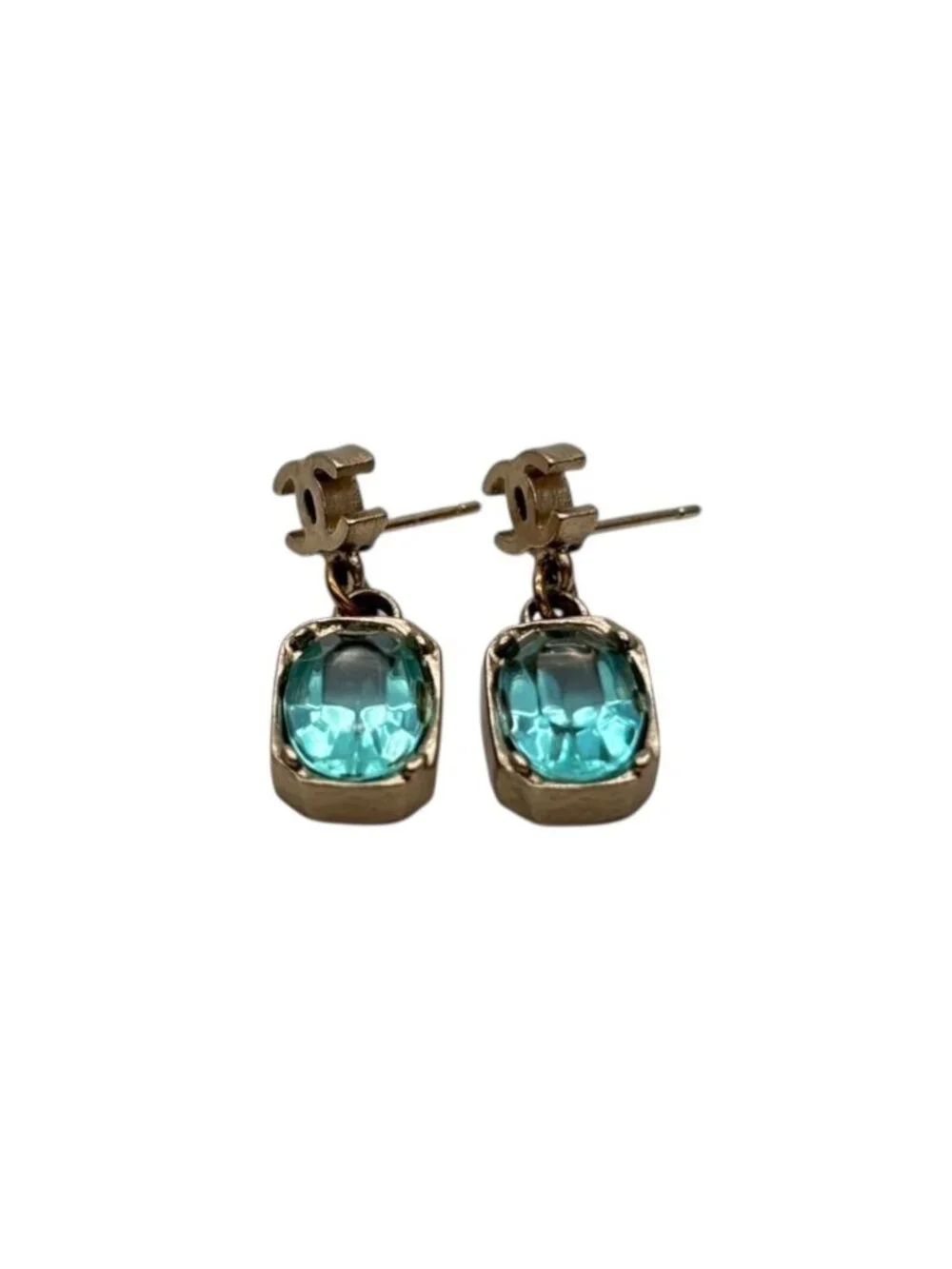 Chanel CC Logo Drop Earrings 07 Rhinestone Metal Gold Plated Blue